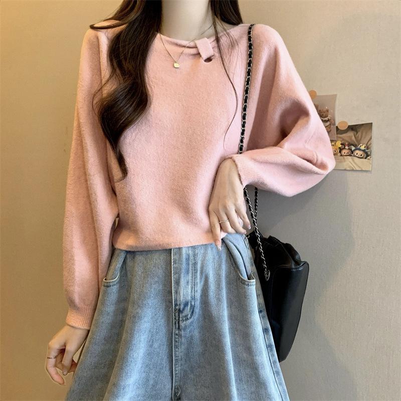 Women's French Chic Solid Color Knitwear Pullover - Long Sleeve Round Neck Sweater for Autumn/Winter
