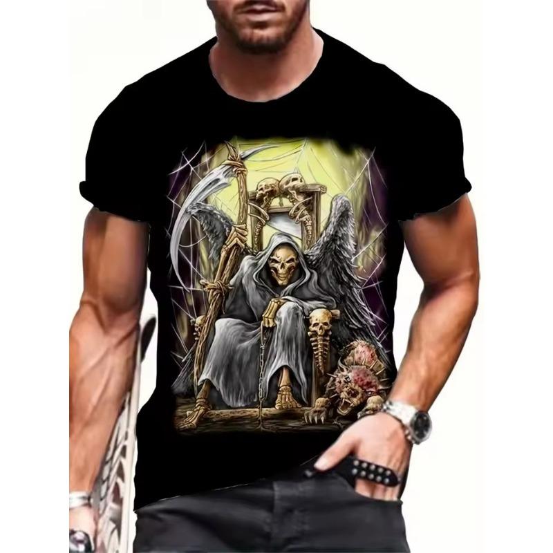 Men's Summer Casual T-Shirt 3D Golden Lightning Skull Print Short Sleeve Streetwear