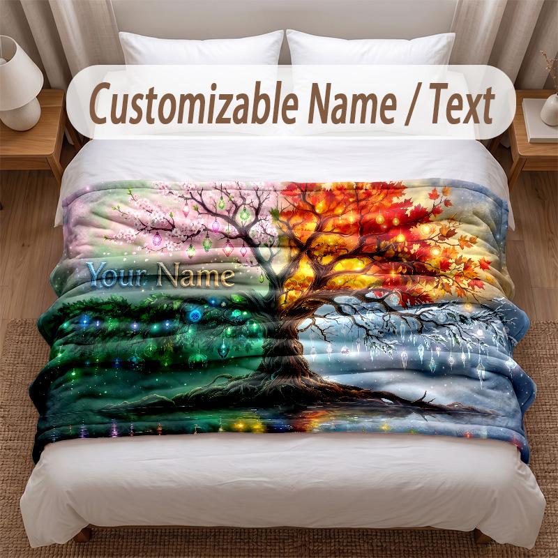 Tree of Life Theme Soft Blanket Personalized Custom Name Text Print Warm Blanket Home Sofa Bedroom Decor