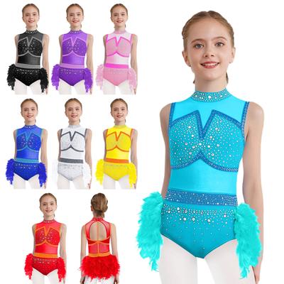 Girls Jazz Latin Dance Costume Sleeveless Cutout Back Shiny Rhinestones Color Block Leotard Feather Skirt