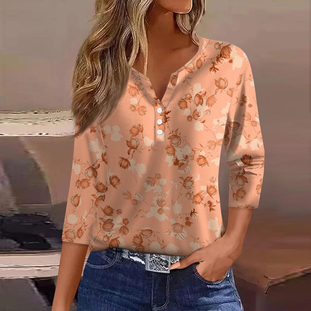 Women's T Shirt Tee Print Button 3/4 Sleeve Tunic Daily Weekend Fashion Basic V- Neck Regular Top