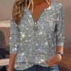 Damen-Shirt mit Rundhalsausschnitt, Reißverschluss, halbe Knopfleiste, Langarm-Pullover, glitzernde Pailletten, reguläre Passform