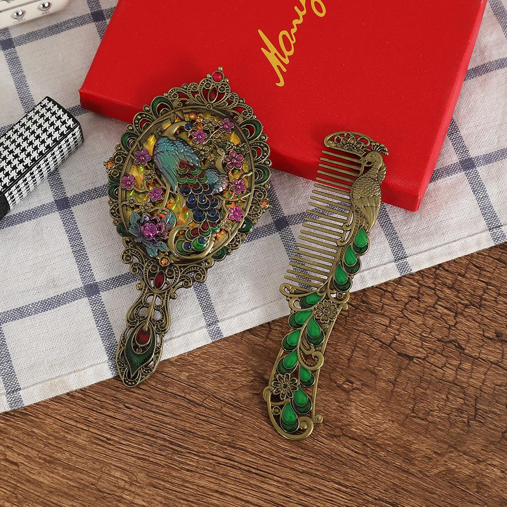 1set Vintage Peacock Makeup Mirror and Comb Women Portable Handheld Travel Vanity Mirror Elegant Retro Design