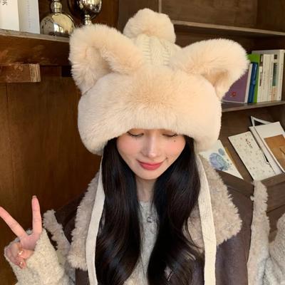 Thickened Plush Hat Imitation Rabbit Fur Knitted Cap New Warm Hat  Girl