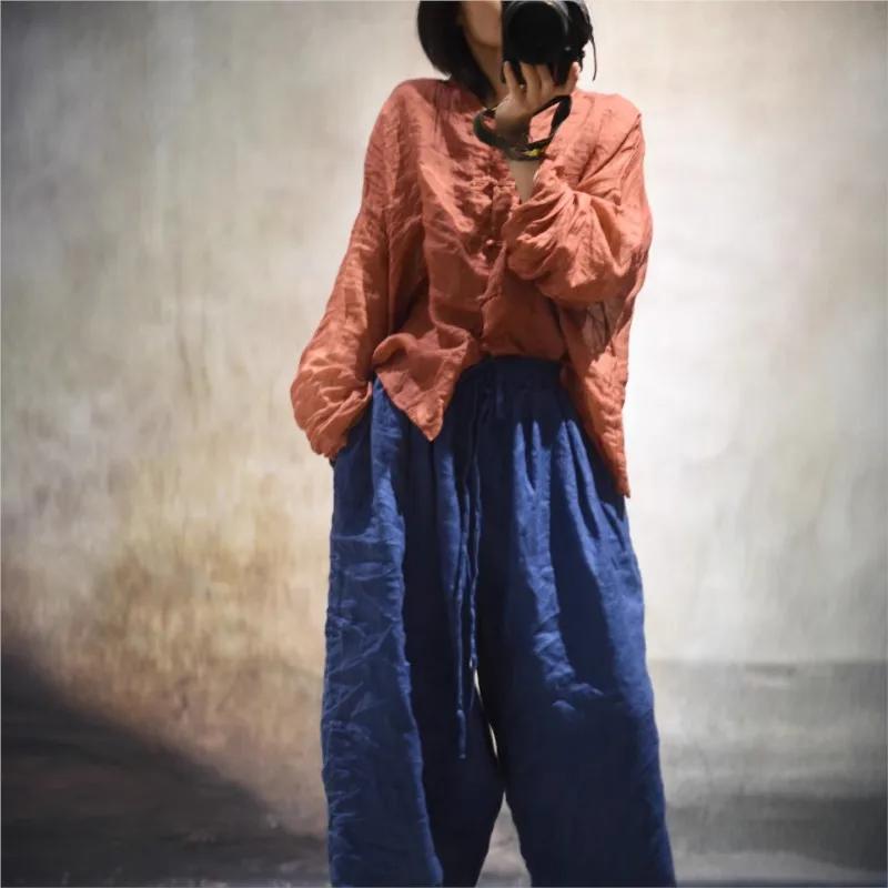 Johnature Women Vintage Shirts Tops Stand Long Sleeve Blouses Spring Solid Color Button Chinese Style Shirts