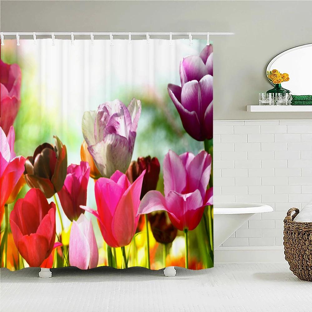 Colorful Tulip Flowers Shower Curtains 3D Beautiful Flower Print Bath Curtain Waterproof Fabric With Hooks Bathroom Decoration