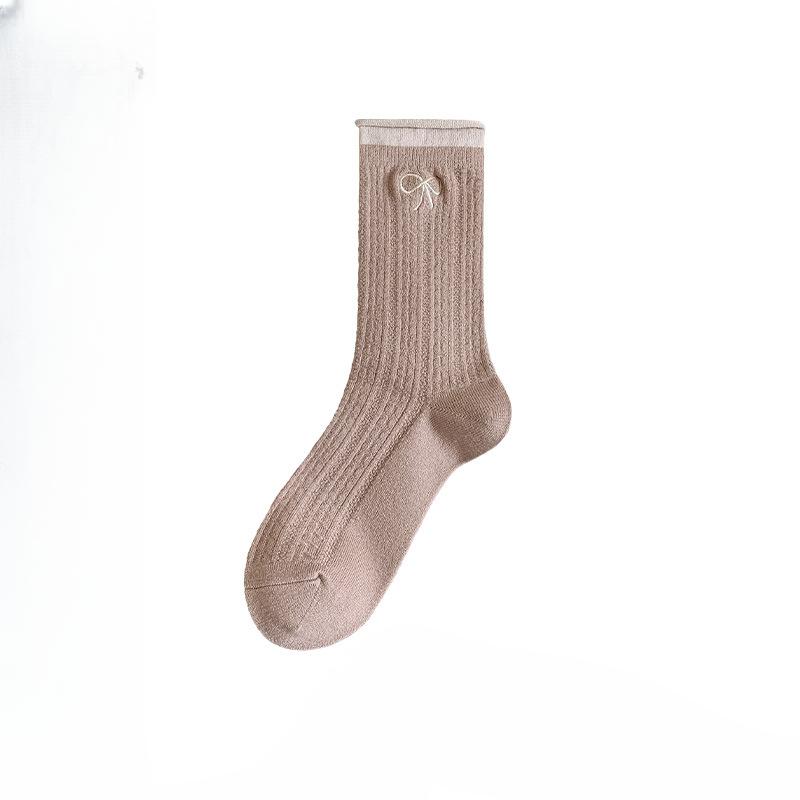 Chaussettes Montantes Femme Automne et Hiver Broderie Nœud Papillon Bord Ourlet Couleur Assortie Respirantes Absorbent la Sueur