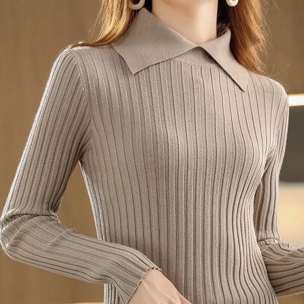 Polo Collar Women's Knitted Sweater Long Sleeve Slim Fit Pullovers for Women Autumn Winter Sweaters Soft Warm Bottoming Tops
