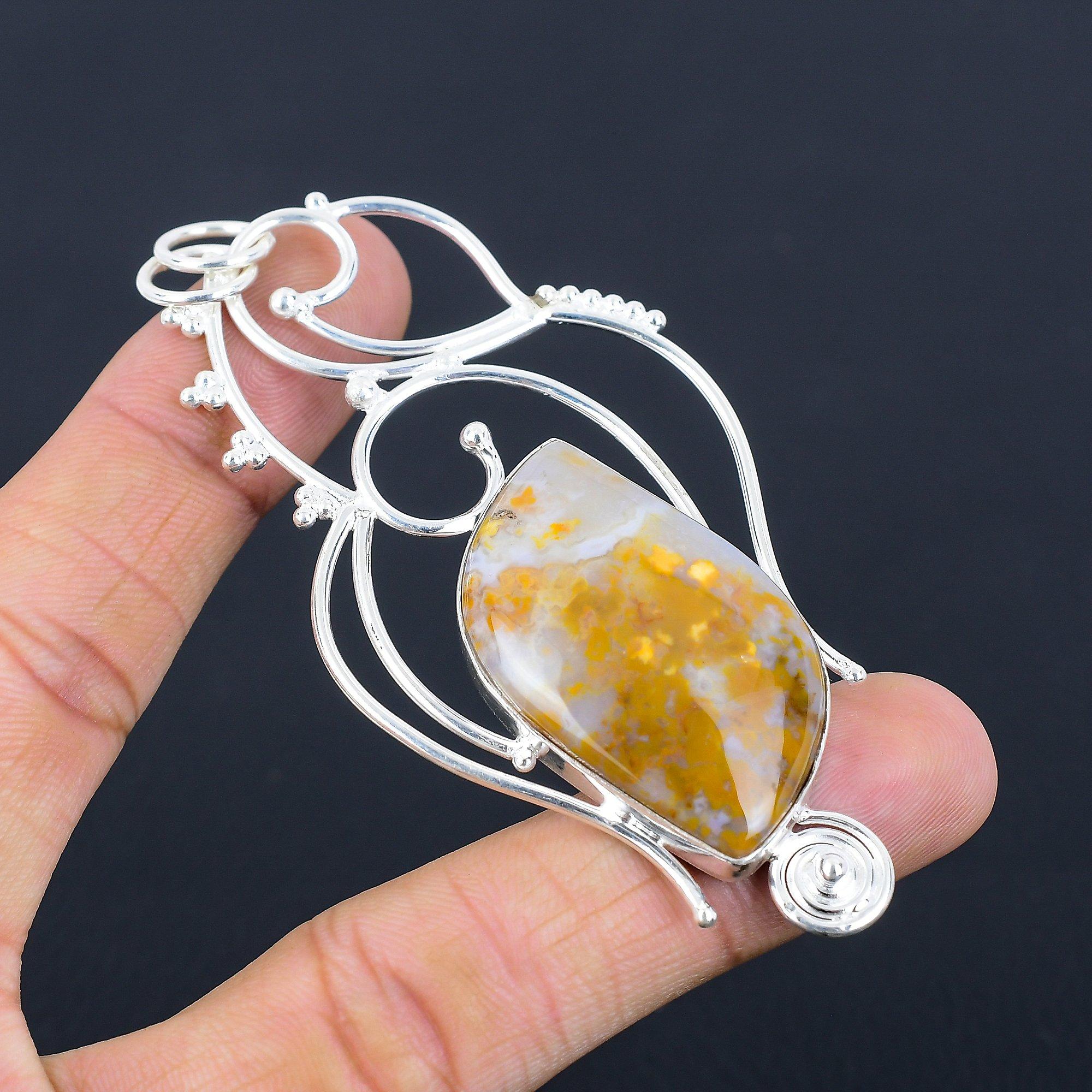Halloween Deal Marquise Natural Plume Agate Trendy Pendant Jewelry 925 Silver