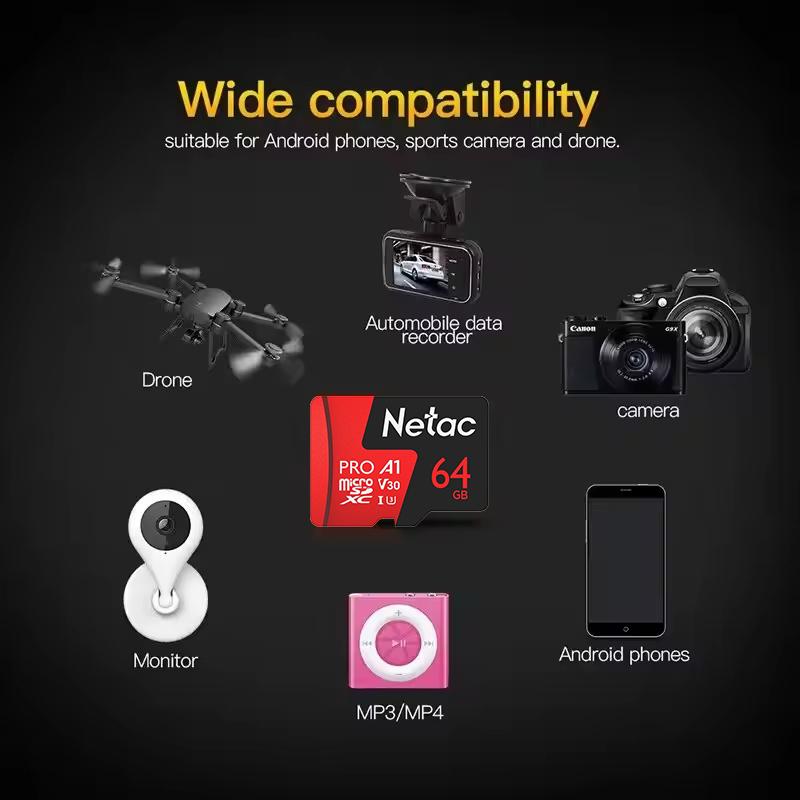 Netac Karta Pamięci Micro SD 128GB 32GB 64GB 256GB Karta TF 512GB Wysoka Prędkość Do 100MB/s A1 U3 V30 C10 Karta SDXC do Aparatu, dronów, konsoli do gier, GoPro