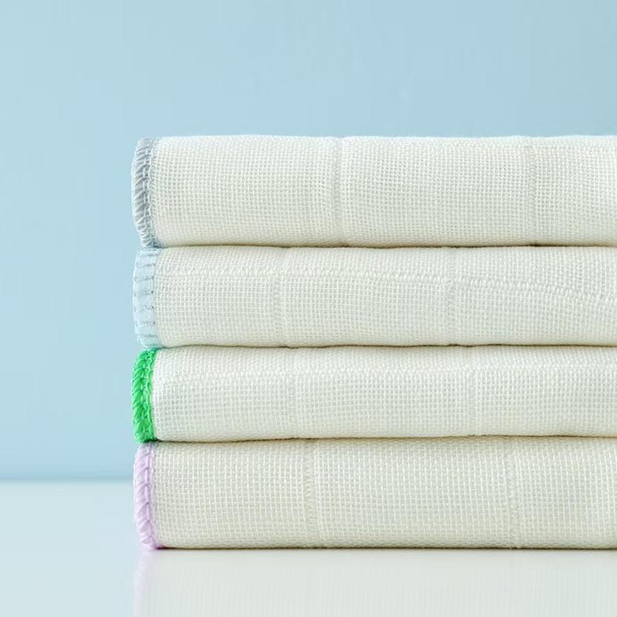 Set of 4 square absorbent cleaning cloths, 30cm square kitchen cleaning towels with colored edges and hanging loops.