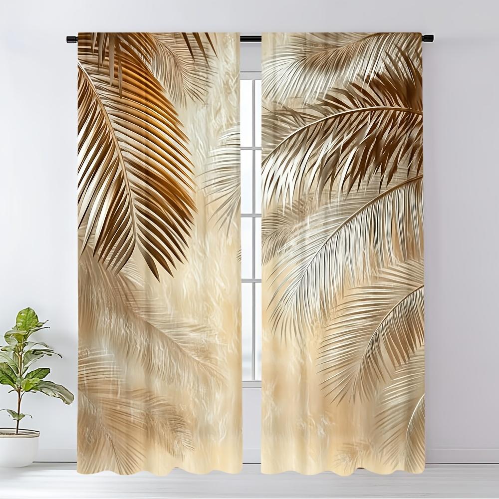 2 Pieces Brown Palm Leaf Print Pattern Curtains   Polyester Fabric   Suitable for Bedroom Living Room Decoration