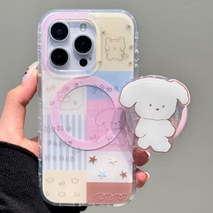 Korean plaid lines cat puppy apple 6pro magnetic ihone4 bracket 5 cute double-layer mobile phone case