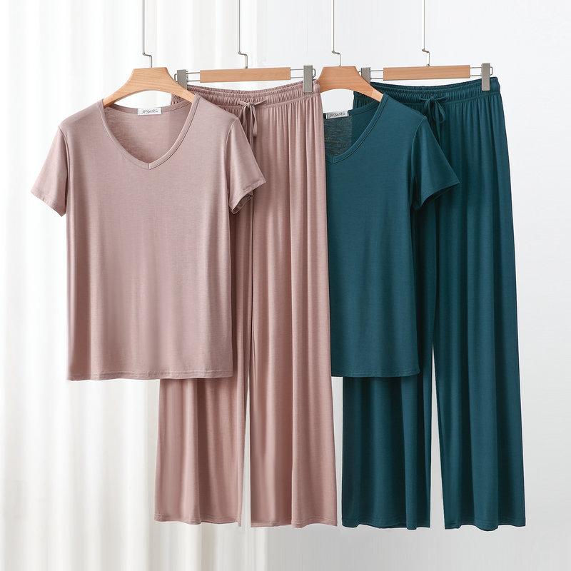 Modal Homewear 2pcs Pajamas Set Short Sleeve Tops and Trousers Solid Color Casual Loose Sleepwear Suit Plus Size Nightwear