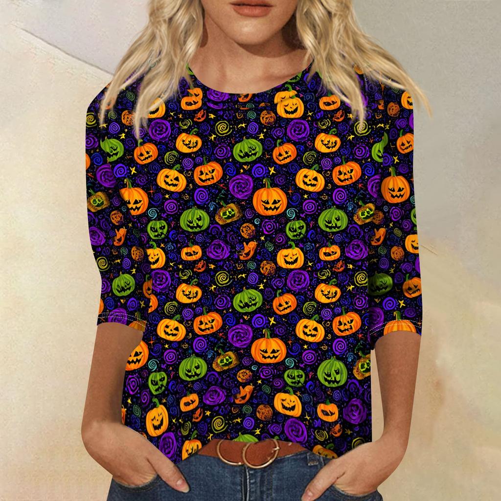 Women's Halloween Print Shirt Three Quarter Sleeve Round Neck Loose Casual Blouse T Shirt Suitable for Seasonal Wear and Everyday Use
