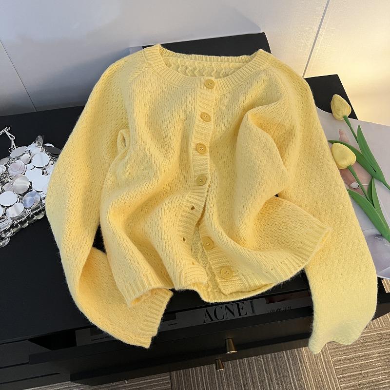

Soft waxy yellow knitted cardigan women s loose versatile sweater jacket one size fits all жёлтый