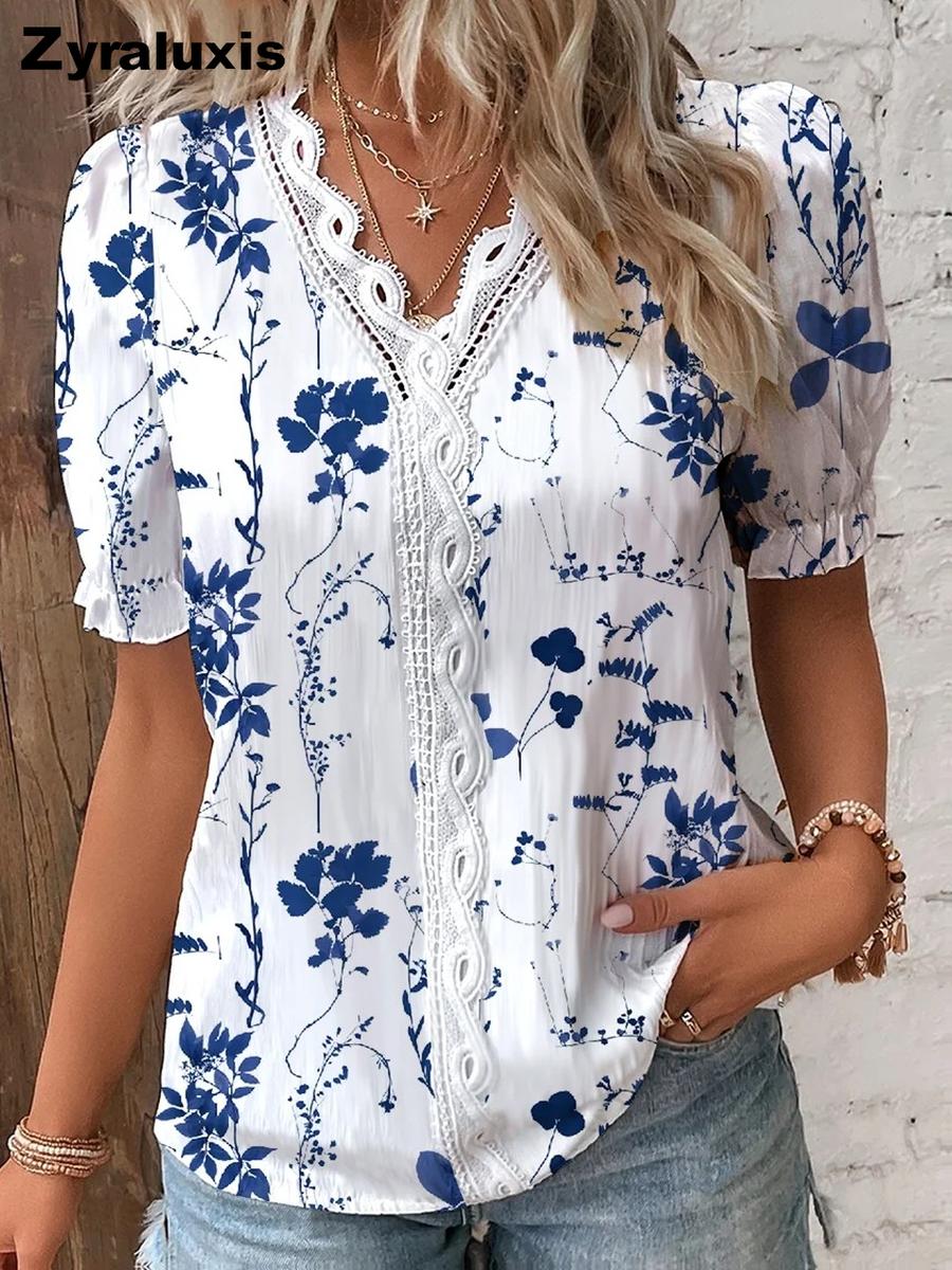 Bestseller Summer V-Neck Lace Patchwork Printed Blouse Shirt for Women S голубой люпин