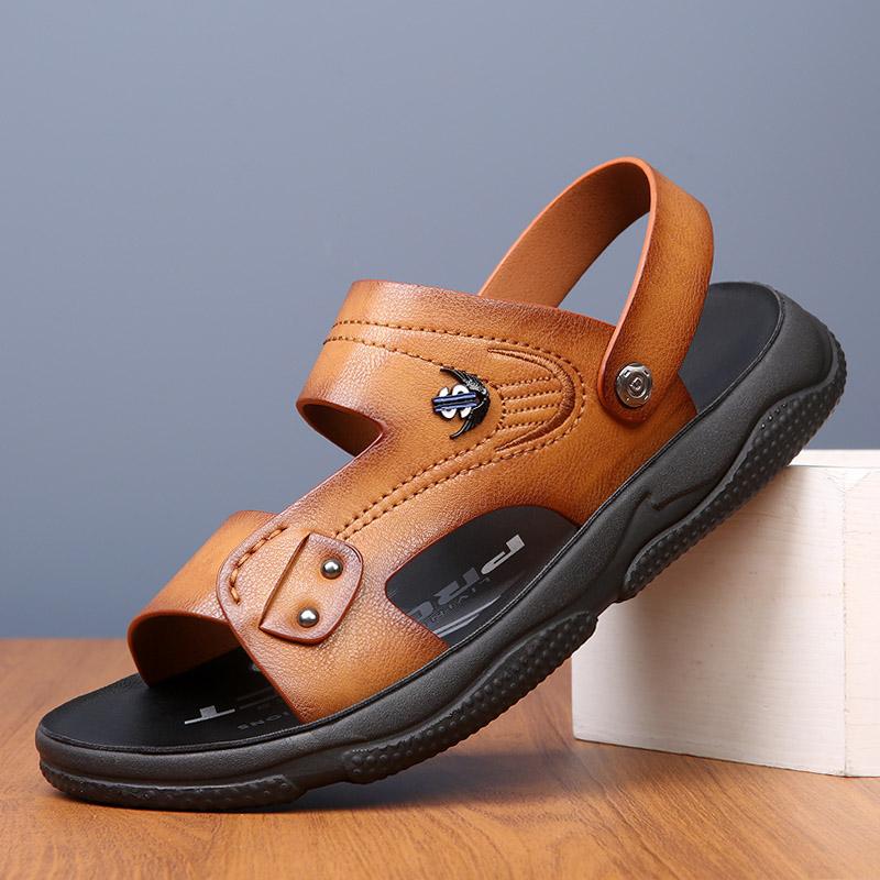 

Летние сандалии высокого качества Мужские новые летние пляжные туфли двойного назначения Нескользящие кожаные шлепанцы Уличные водонепроницаемые пляжные туфли 44 жёлтый