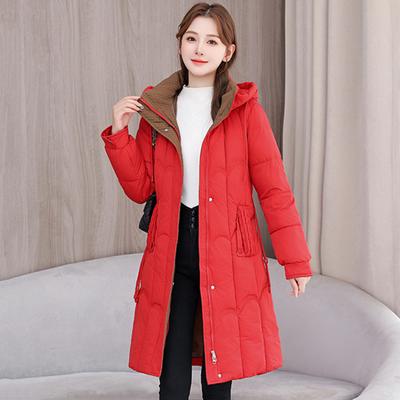 Lady Winter Down Coat Thickened Padded Hooded Pockets Zipper Closure Knee