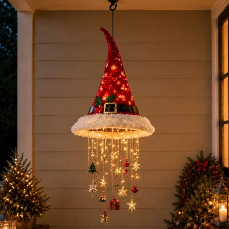 LED Santa Hat Hanging Light Christmas Hat Pendant Lamp with Tassel Bell Star Ornaments Xmas New Year Party Decoration Light