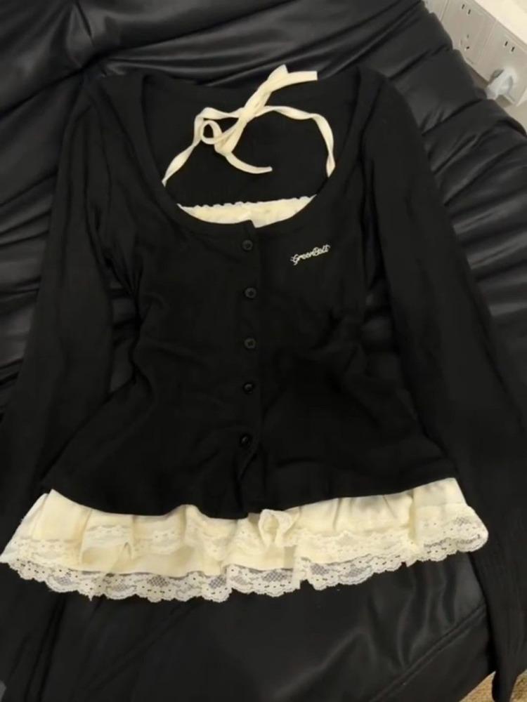 

Осень Корейский Y2k Винтаж Комплект из 2 предметов Женский Элегантный Дизайн с Длинным Рукавом Топы Харадзюку Женский Повседневный Кружевной Шик 2000-х Футболка S чёрный