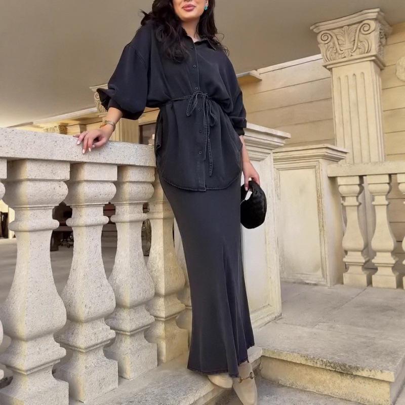 

Европейский и американский женский кардиган с поясом и платье - однотонный, нежный стиль, коллекция осень 2025 M