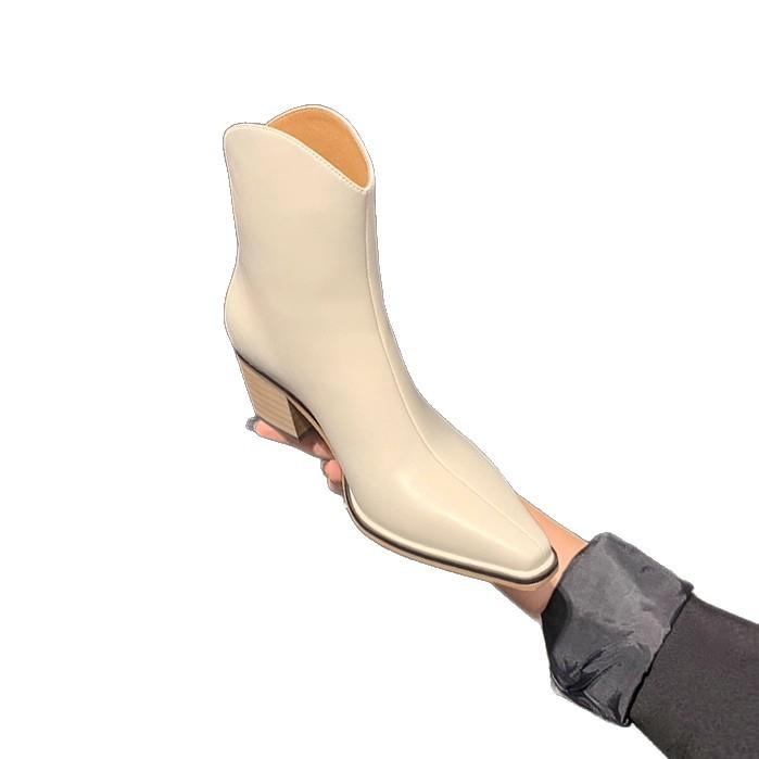 Cowhide version~ French small boots leather pointed head v-mouth short western boots women's thick heel high heel and ankle boots Martin boots