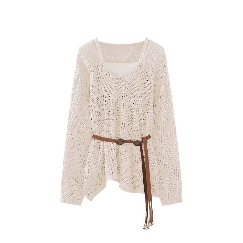 

Women s Loose Long Sleeve Knitted Sweater Set Hollow out Design Autumn Sleeve Outerwear Cover up plus Size Commute Sle XL абрикосовий