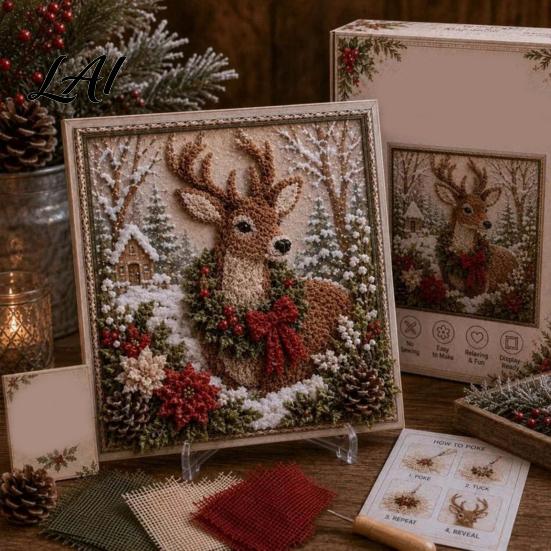 Handmade Poke Art Kit 3D Christmas Fabric Kit DIY Punch Needle Embroidery Set Painting Set Holiday No-Sew Crafts Projects for Adults and Beginner
