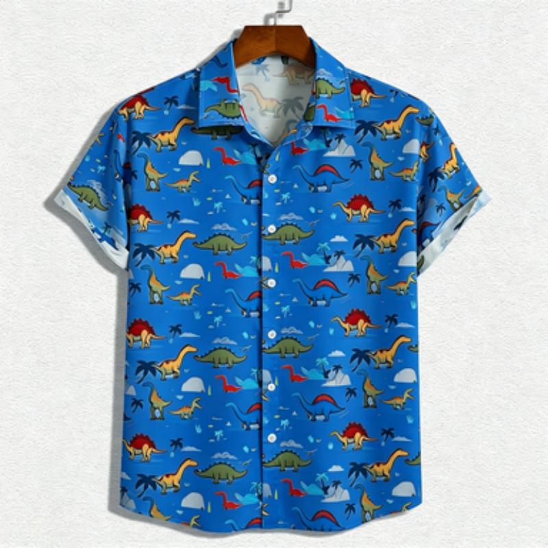 Men's Short Sleeved Shirt, European and American Casual Men's Shirt, Fun Dinosaur Pattern Short Sleeved Shirt, Youth Loose and V