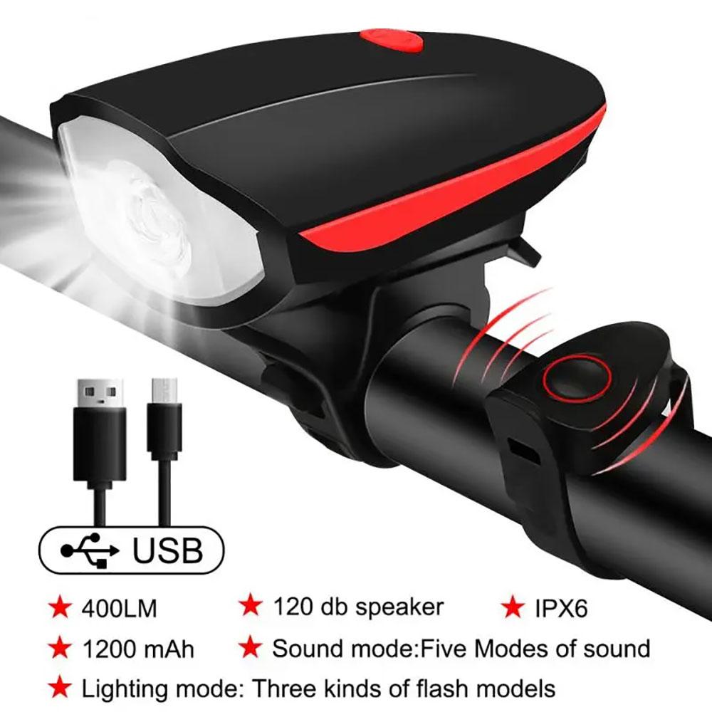 Wiederaufladbares USB-Fahrradscheinwerfer mit Hupe Wasserdichtes LED-Frontlicht für Mountainbike-Straßenfahrrad Nachtfahrradsicherheit