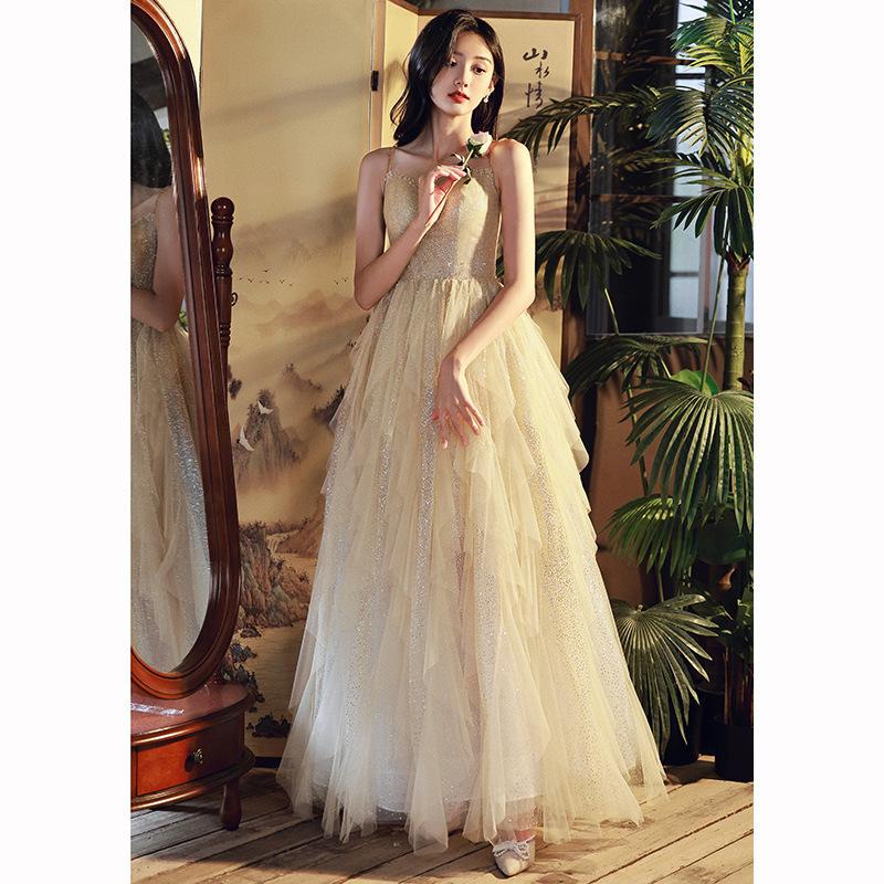 Suspender evening dress women's 1011 new banquet temperament host student art exam puffy cake skirt golden dress