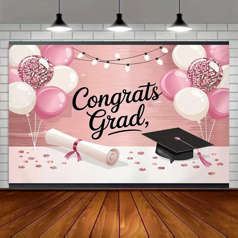 2D Flat Graduation Backdrop Pink "Congrats Grad" Themed Background Cloth