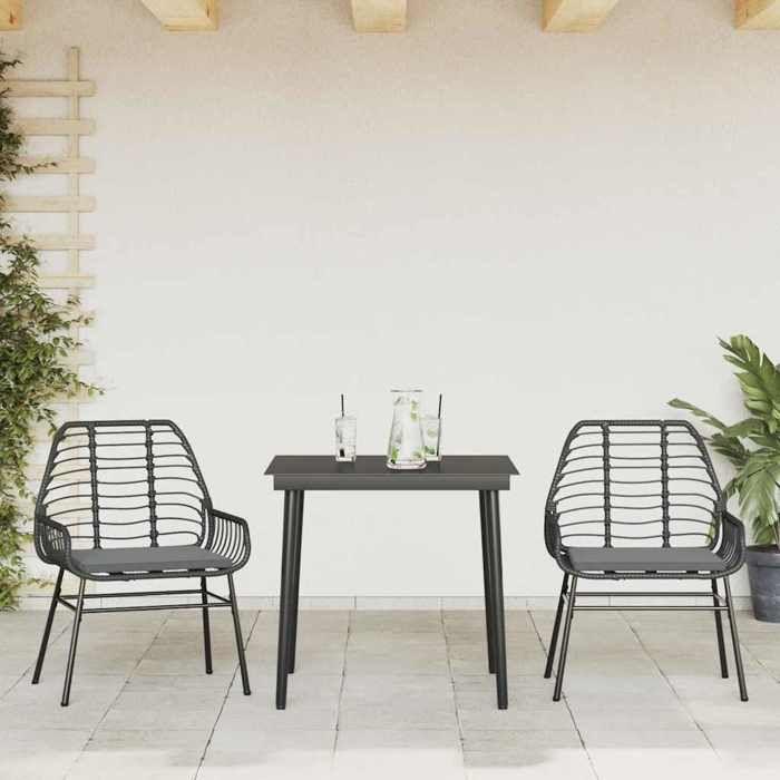 VidaXL Garden Dining Set and Cushions 3 Pcs Black Rattan Glass, Outdoor Dining Set, Dining Furniture of 3334450