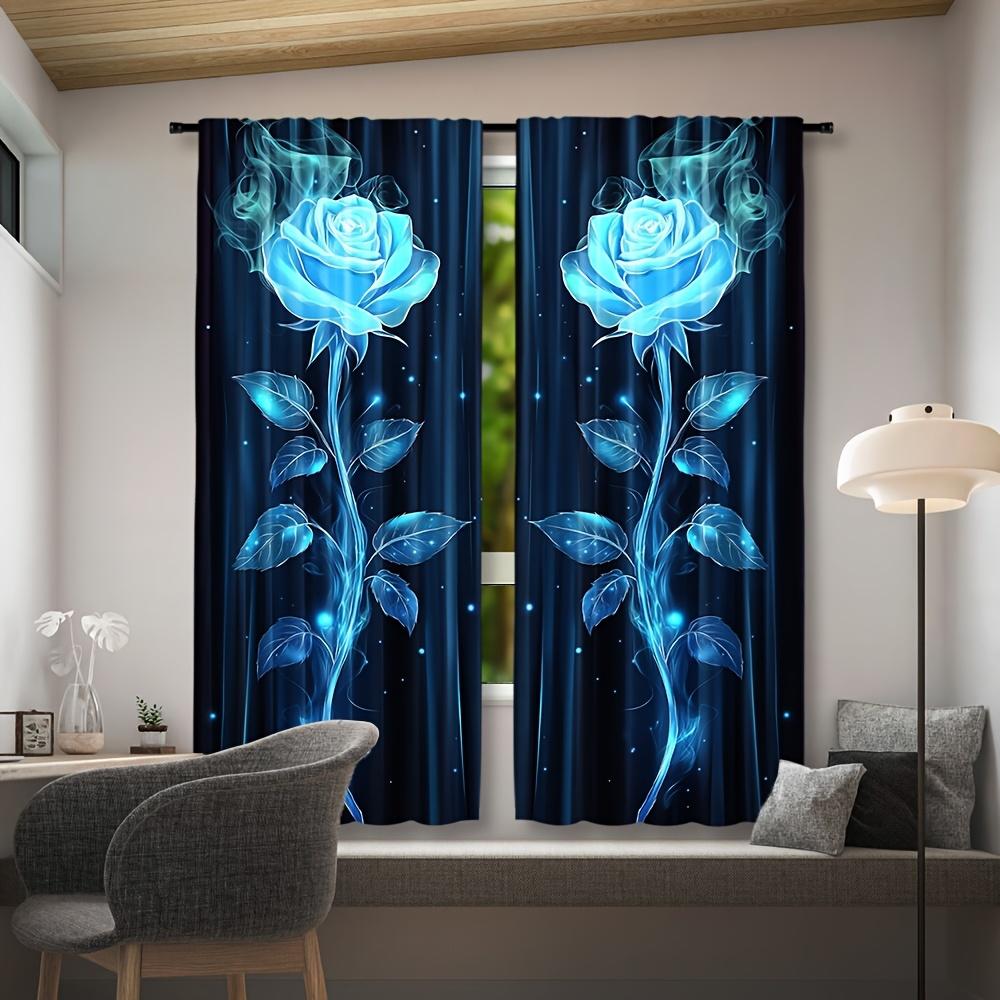 Sheer Blue Rose Curtains Black Background Living Room Bedroom Kitchen Curtain Made Of Polyester With Rod Pocket Washable Great Ready