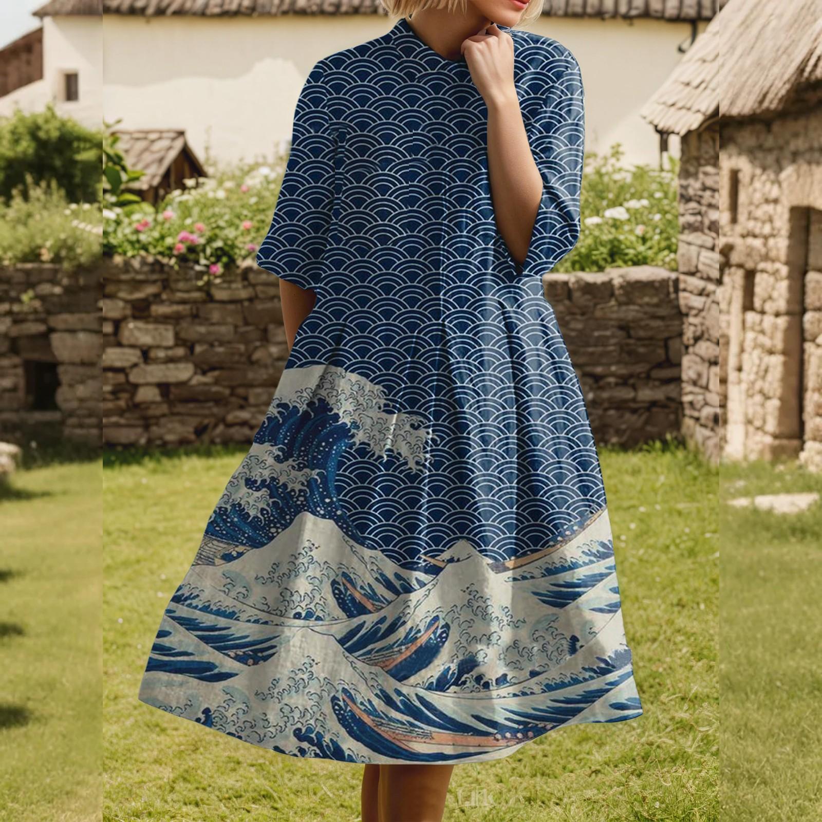 

Dress For Women Elegant Casual Smocked Button Lapel Short Sleeve Knee Length Dress L