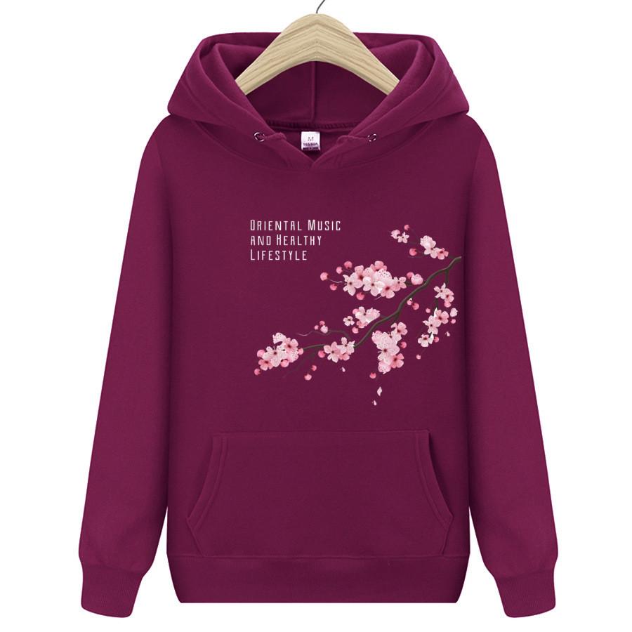 Men's and Women's Hoodie Fleece Fleece Autumn One Plum Blossom Printed Hooded Sweatshirt Street Wear Pullover
