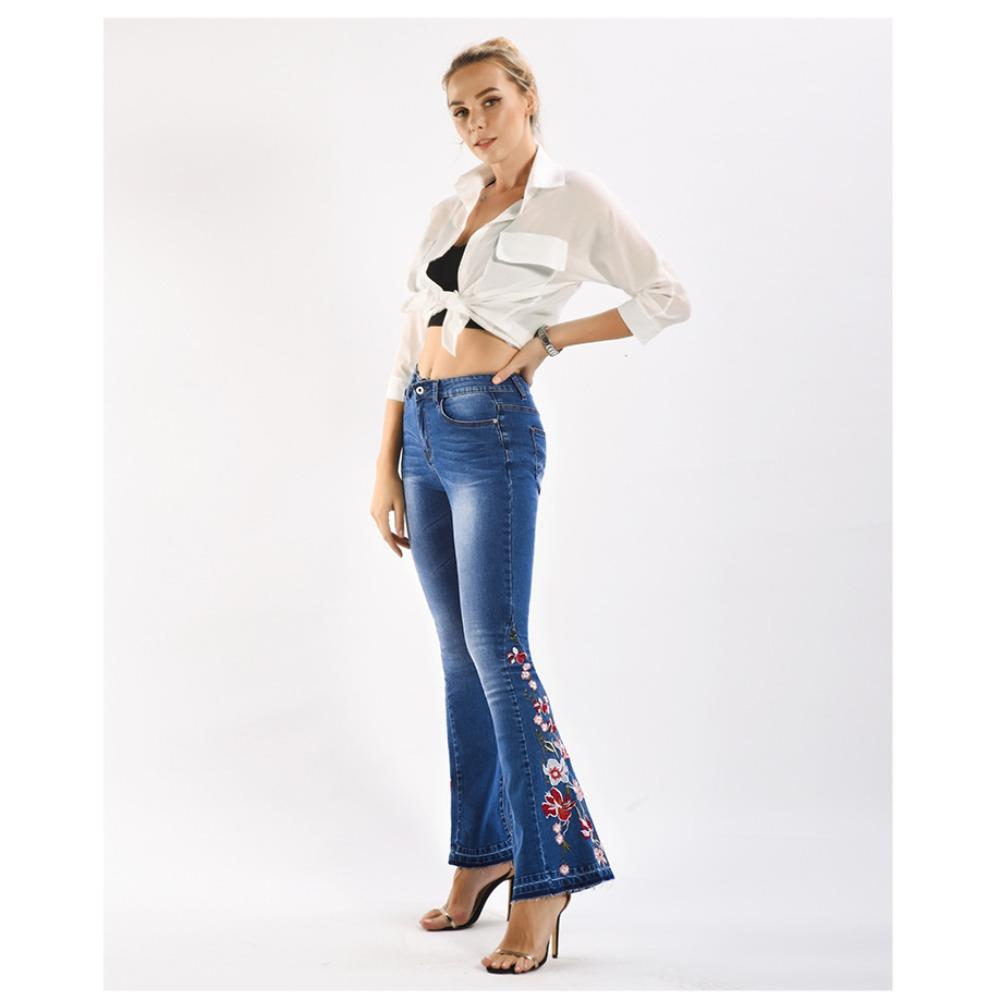 Women's Mid Rise Flare Jeans Loose Fit Streetwear Denim Trousers with Heavy Floral Embroidery Dark Wash Cotton Fabric