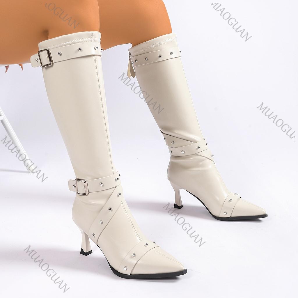 Fashion Women's Knee High Boots Pointed-toe Belt Buckle Slimming High-heeled Fashion Autumn Shoes Sexy Punk Gothic Rivet Long Botas