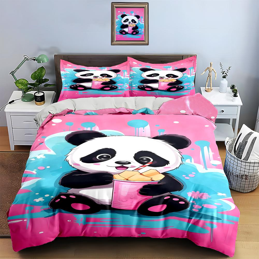 Panda holding drink. Bedding Duvet cover sets Duvet covers Pillowcases gifts (1 * Duvet Cover 2 * Pillowcases, without duvet insert)