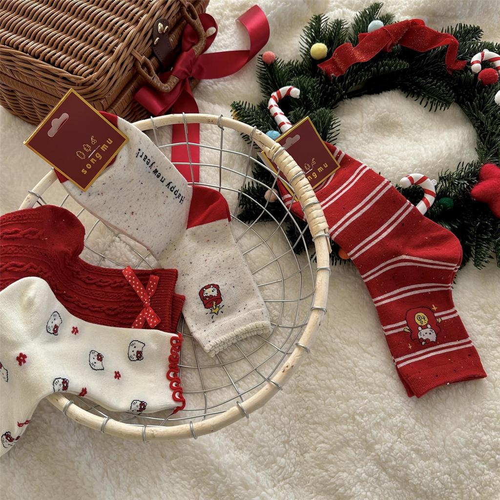 2025 Year of the Snake Red Cat Bow Women's Christmas Socks - Pure Cotton, Kitty Design for Autumn and Winter