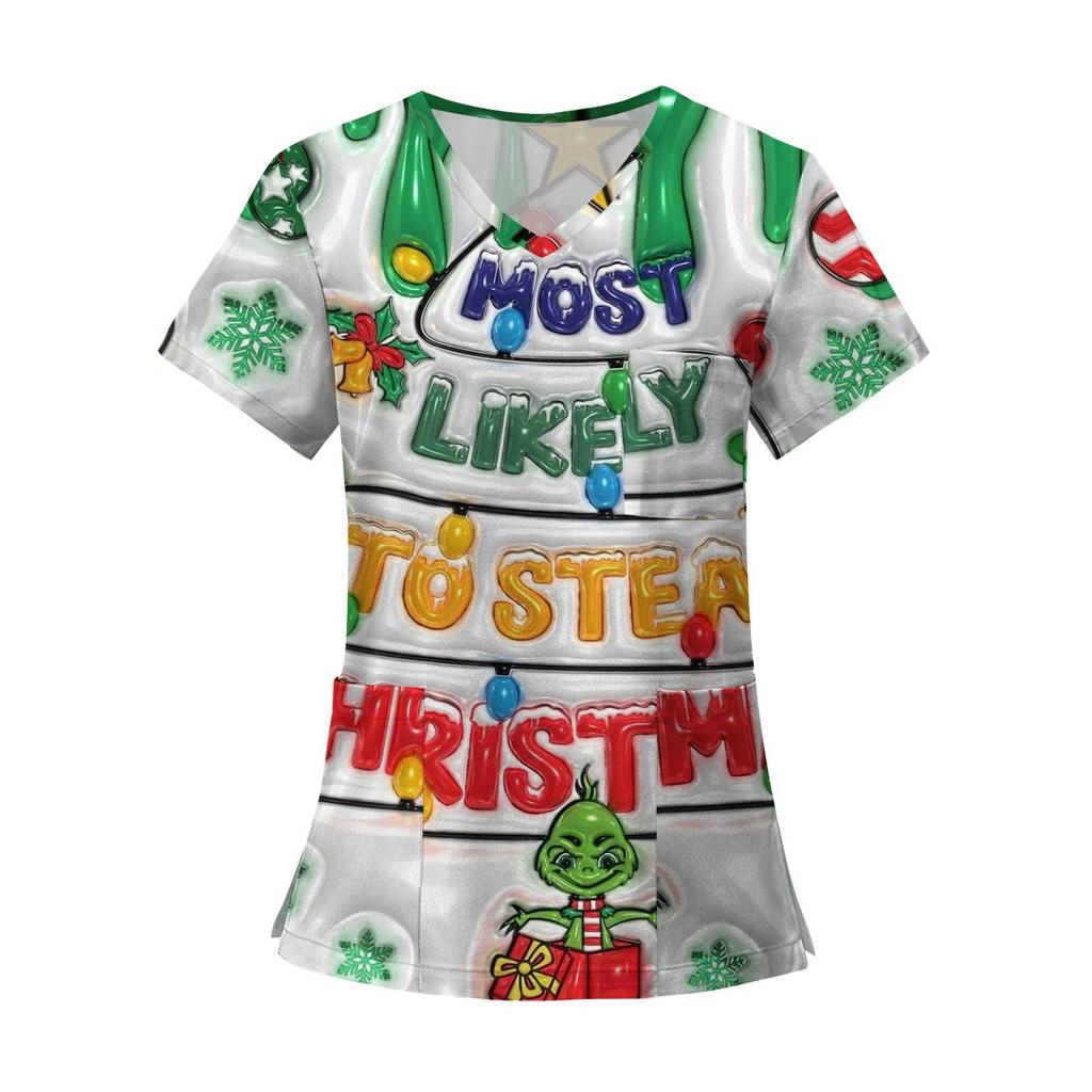 Dámská módní trička s krátkým rukávem a výstřihem do V s potiskem