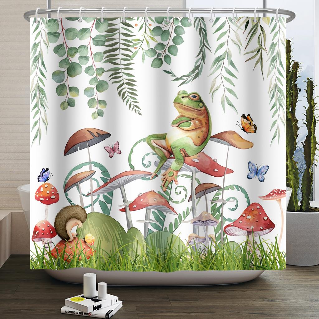 Lustiger Frosch Duschvorhang für Badezimmer Pilz Schmetterling Floral Grüne Pflanze Cartoon Tier Wasserdicht Polyester Duschvorhang