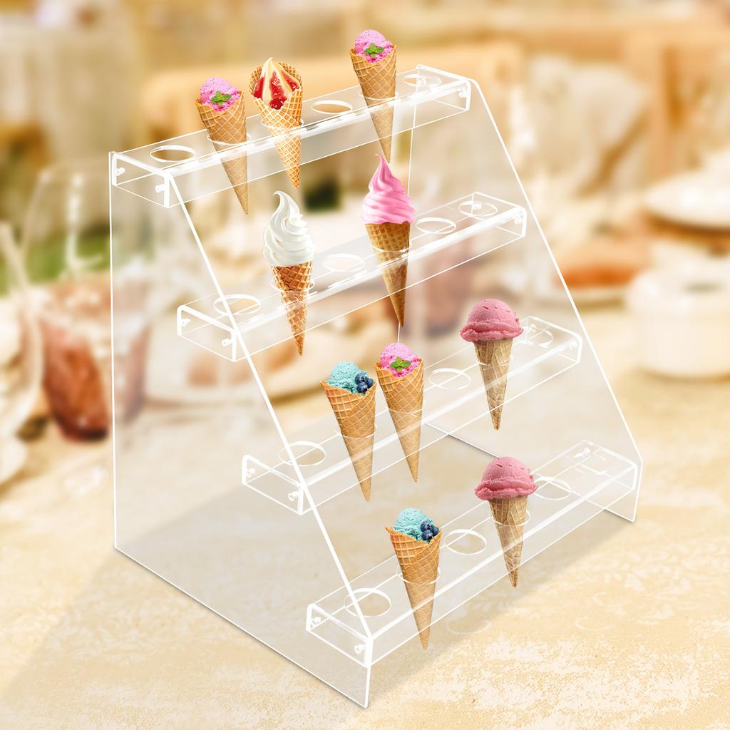 Clear Acrylic Ice Cream Cone Display Stand, 4-Tier 24-Hole Dessert Serving Rack for Party Buffet Wedding Christmas Birthday