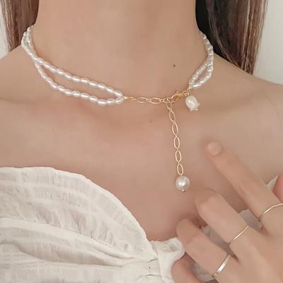 Women's Rose Pearl Freshwater Layered Double Necklace