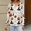 Women's Halloween Print V-Neck Long Sleeve T-Shirt with Button for Casual Holiday Wear