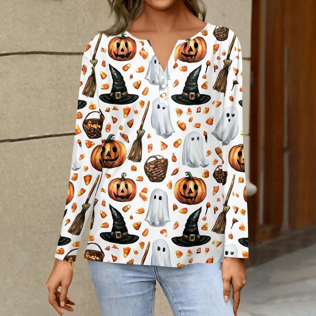 Women's Halloween Print V-Neck Long Sleeve T-Shirt with Button for Casual Holiday Wear
