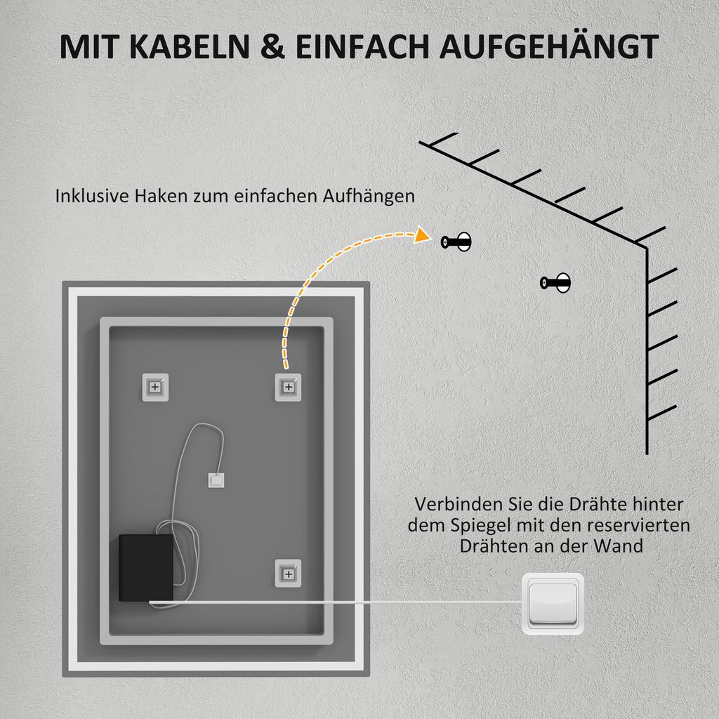 90 x 70cm LED Badkamerspiegel met Verlichting, Dimbaar Make-upspiegel, Kaptafelspiegel met 3 Kleuren, Slimme Touch, Anti-Mist
