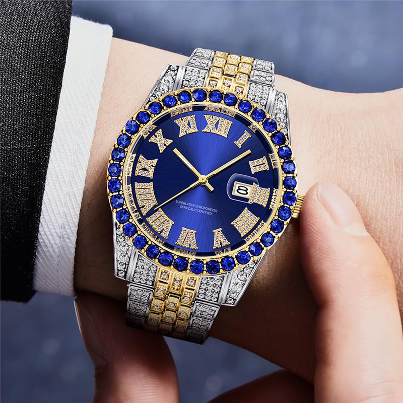 Huaqiangbei Men's Diamond-Studded Submariner Hip Hop Quartz Watch with Calendar