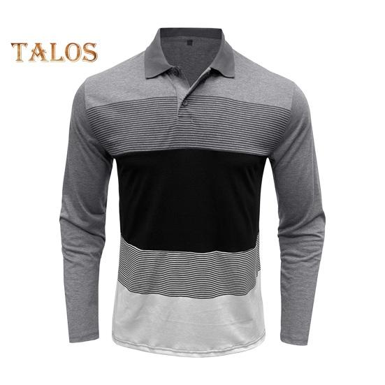 

Осень-весна мужской топ с отложным воротником, пуловер, эластичный, с длинными рукавами, с полосатым принтом, средней длины, для фитнеса, бизнеса, повседневной носки, рубашка S светло-серый